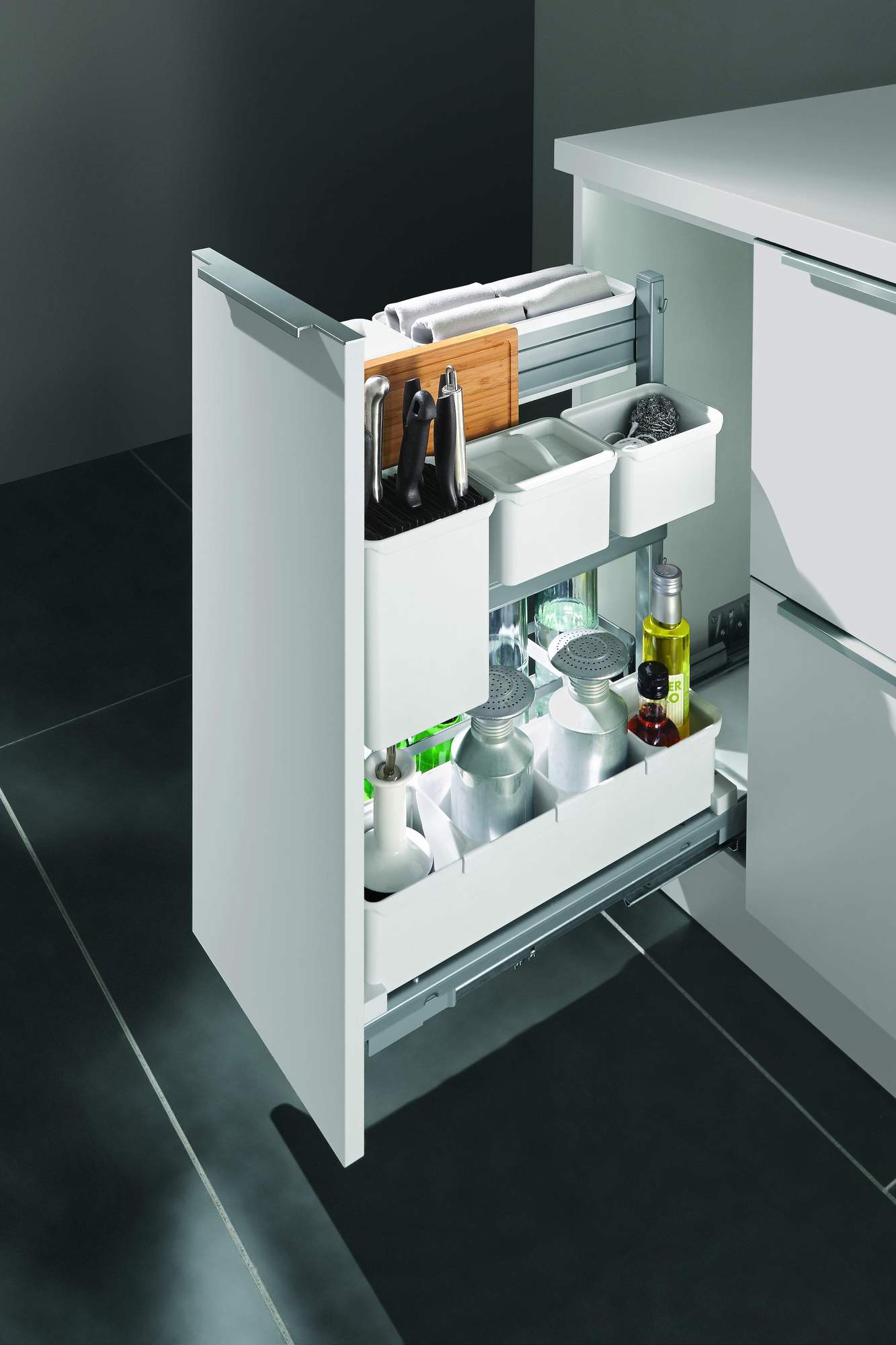 Base con cestone estraibile Junior 2 - Base con cestone estraibile Junior 1 elemento organizzativo UBOXX con suddivisione per coltelli e portataglieri regolabile